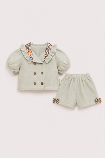 Pmini Mint Green Baby Girl Set with Leopard Collar Detail