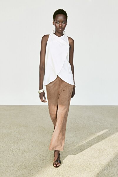 Massimo Dutti Keten karışımlı dökümlü kruvaze halter top