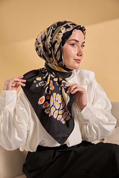 Silk Home وشاح حرير تويلي ميركان أسود 90x90