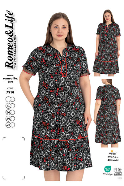 ROMEO LİFE Women's Plus Size Cotton Modal Fabric Patterned Buttoned Dress 7914