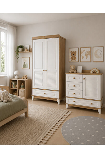 Koza %100 MDF Panjur Ahşap Beyaz 2 Kapılı Bebek & Çocuk Gardırop & Panjur Ahşap Beyaz Şİfonyer