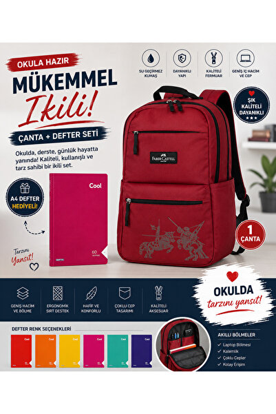 Faber Castell Okula Hazır Set! Faber-Castell Bordo Okul Çantası + A4 Defter H...