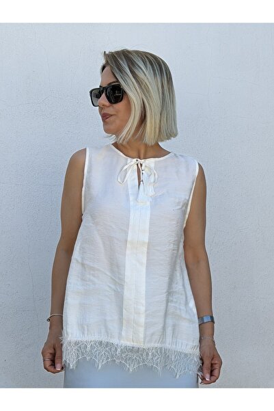 SİSTA MODA 0966 Lace Hem, Lace Collar Detail, Modal, Sleeveless Blouse