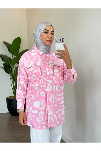 Moodbasic Çıtçıt Detaylı Desenli Fermuarlı Gömlek - Pembe