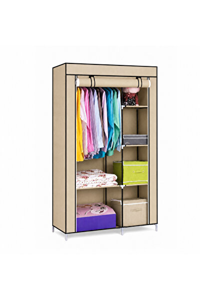 Lacoz Portable Storage Wardrobe with Hanging Rod & Shelves Fabric Cloth Almir...