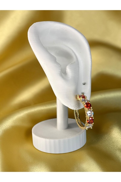 AUREON GOLD Kırmızı Beyaz Zirkon Taşlı Çelik Halka Küpe