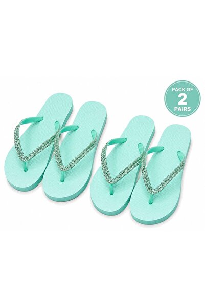 Generic Women's Flip Flops Flat Slipper with Glitter Straps Pack of 2 Mint Green