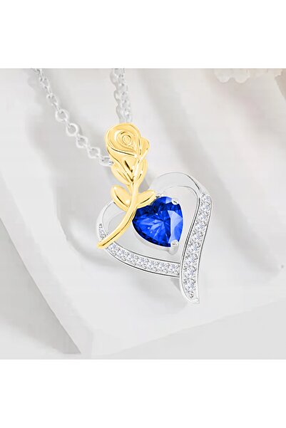 Larezo 925 Silver Necklace, Heart Pendant With Gold Rose And Crystal, Ideal G...