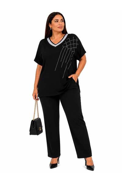 bezeXL Large Size Stoned Viscose T-Shirt Black