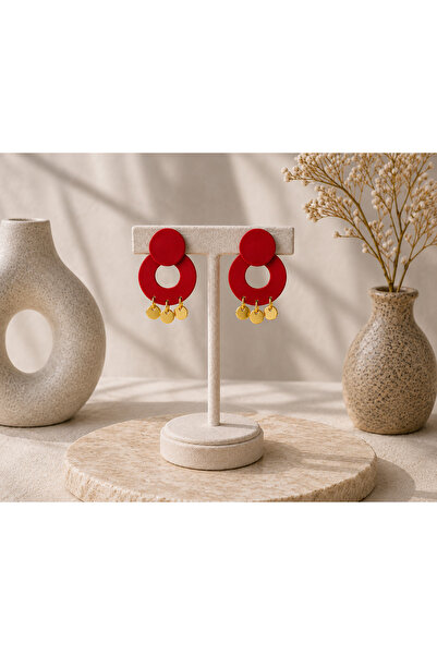 TREND Red Hoop Earrings with Gold Flake Detailed Design Women's Earrings