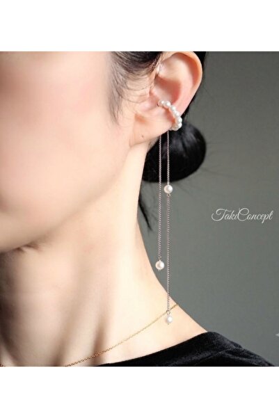 TakıConcept Deliksiz Ear Cuff Zincir Uzantılı İnci Kıkırdak Halka Küpe