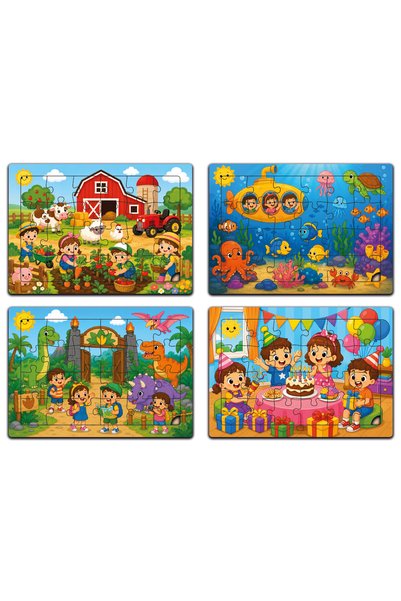 minİQ toys Minikler Discovery Series 1/5 Wooden 4-Piece Puzzle Set (on the Farm-Under the Sea-In the Dinosaur Park-At the Birthday Party)