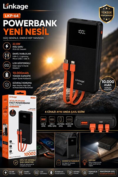 CeppStore Linkage LKP-64 10000 mAh Hızlı Şarj Powerbank LCD Ekranlı Dahili Ka...