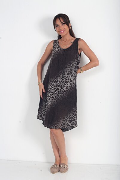 By Saygı Women's Italian Cotton Collar Elastic Lined Leopard Zero Sleeve Midi...