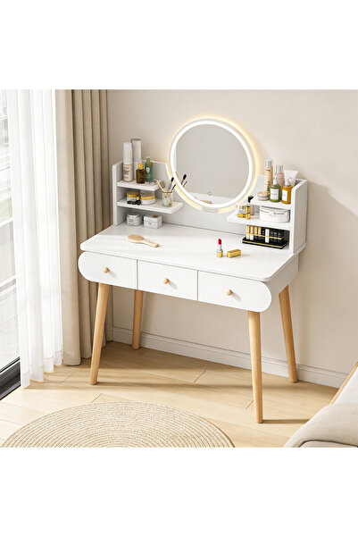 HI-FINE (is77)LED Makeup Vanity Table with 3-Level Lighted Mirror, 3 Drawers ...