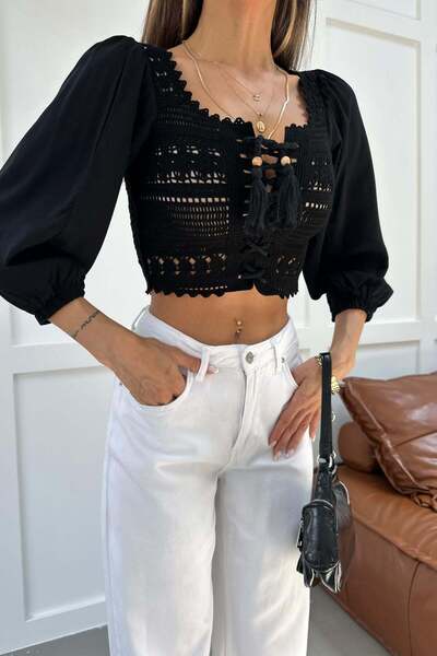 mylove Balon Sleeve Lace Blouse Black
