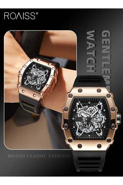 ROAISS Mens Rubber Strap Quartz Watch Analog Barrel Shaped Dial Skeleton Mech...