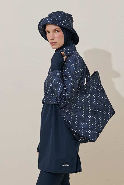 Fahhar Geometric Pattern Beach Bag Navy Blue