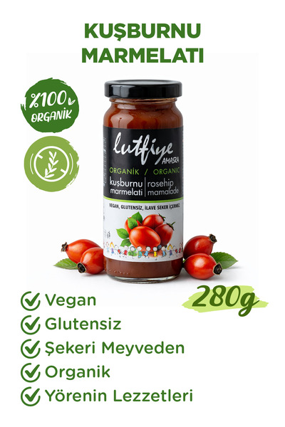 LUTFIYE Organik Kuşburnu Marmelatı 280 g – Rafine Şeker İlavesiz, Üzüm Suyu K...
