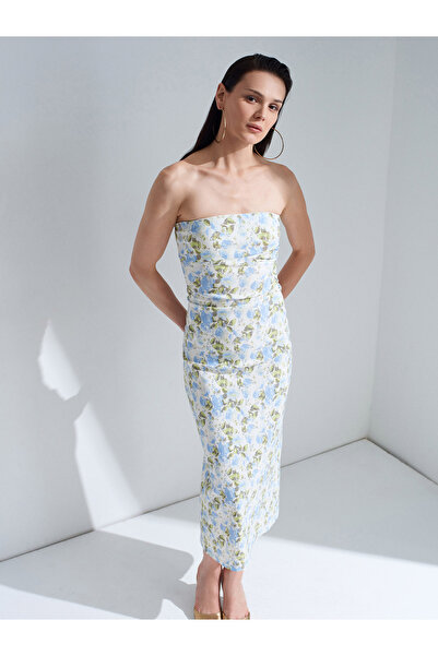Dilvin 91685 Patterned Strapless Dress-Blue