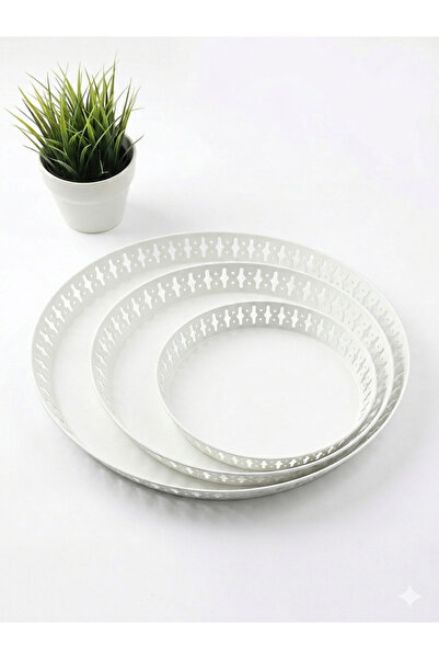 Mony moon White Steel Serving Tray Set (3 Pieces) - Elegant Hollow Out Round ...