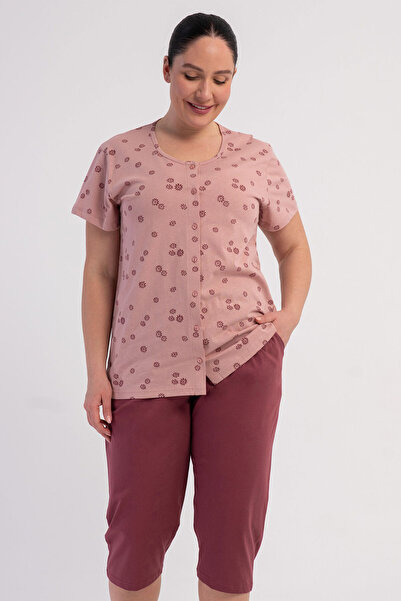 VİENETTA Pamuklu Kadın Büyük Beden Tamamı Düğmeli Kısa Kol Kaprili Pijama Tak...