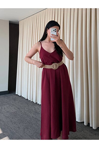 My Blog Rochie cu bretele și centură, culoare burgundy - 3303