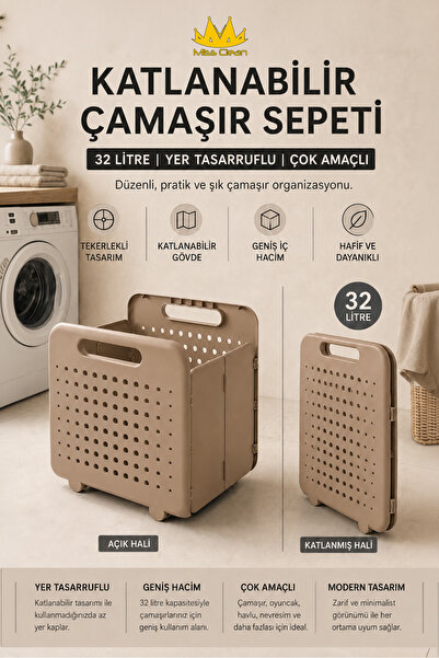 Miss Clean Katlanabilir Çamaşır Sepeti 32 Litre Yer Tasarruflu Çok Amaçlı Düz...