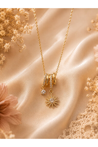 Sylvera Shop Güneş & Zirkon Charmlı Çelik Kolye (Gold Renk)