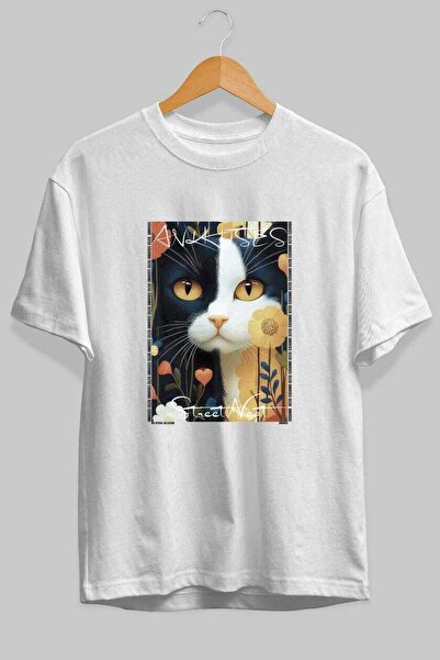 Ankhises For the Love of Cats 33 Front Cat Printed White Oversize T-Shirt 100...