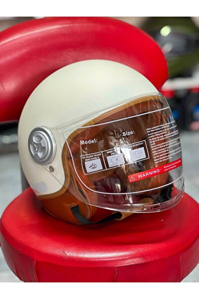 Retro Chopper Açık Kask - Mat Krem Taba Deri Detaylı Vizörlü Kask