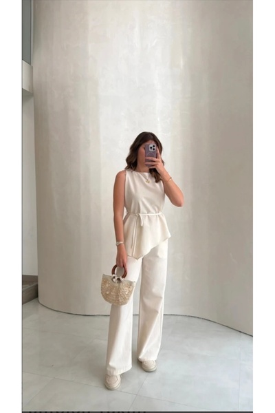 Dila Sayan Boutique Asimetrik Kesim Keten Pantolonlu Takım