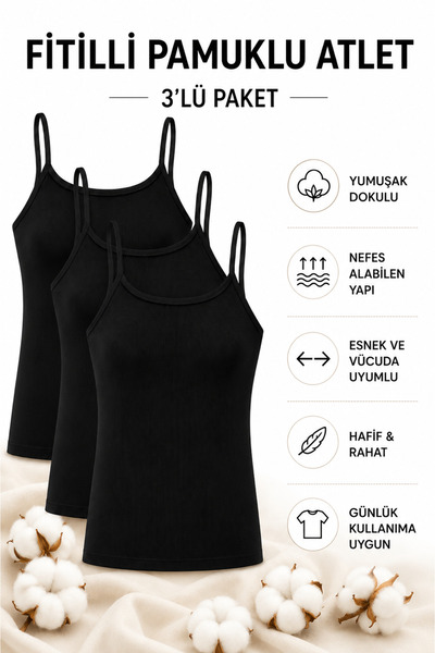 Mudcosıo Women's Black 3-Pack Rope Strap Ribbed Undershirt Cotton Flexible Ca...