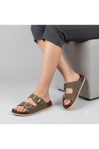 KİNDEP (Sooners) Double Buckle Daily Women's Slippers Khaki
