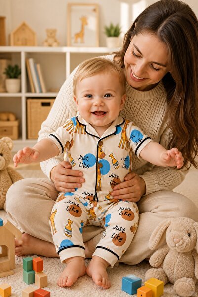 METEOR BABY Baby Boy/Girl Giraffe Patterned Cotton Pajama Set 2-Piece Seasona...