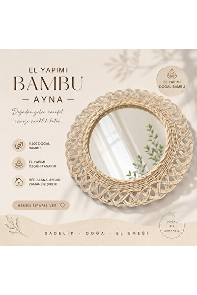 Bambu Dekoratif El İşçiliği Doğal Ayna - 40 cm Bohem Duvar Aynası