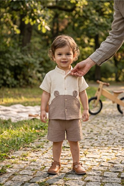 Golden Baby Kids Erkek Çocuk Müslin Takım Kulak Detaylı Gömlek Şort Takımı Ya...