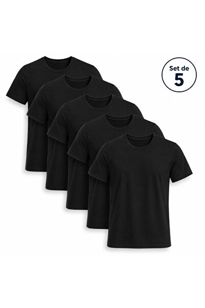 Novotex Tricou 100% Bumbac, Set 5 Tricouri Negru Bărbați, Tricouri Simple