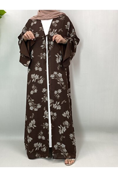 Noon Noora Chiffon Printed Cardigan Abaya - Lined - with Straps on Chest - wi...