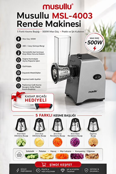 Musullu MSL-4003 500W 5 Başlıklı Elektrikli Rende Makinesi - Kasap Bıçağı Hed...