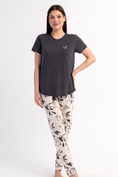 KEZOKİNO Women's Short-Sleeved Anthracite Pajama Set Relaxed Fit Summer Home ...