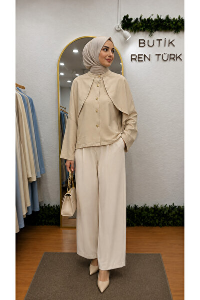 YAREN CLARA Beige Cape Detailed Gold Buttoned Jacket Yrn-63
