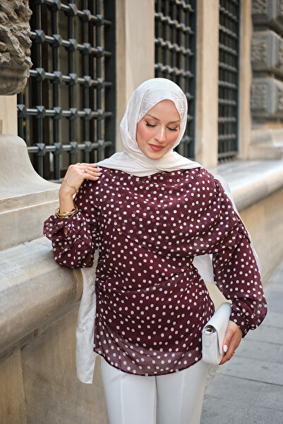LOCCO Ženska bluza sa tule detaljima i polka tačkama, boja šljiva