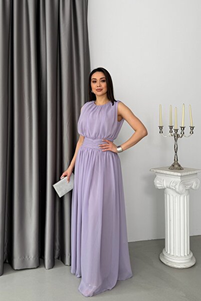Serica Moda Lila Kuşaklı Pliseli Bisiklet Yaka Maxi Şifon Elbise