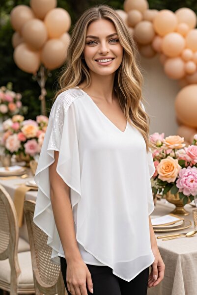 Maya Butik Ekru Omuzları Payet Detaylı V Yaka Şifon Bluz - 21911