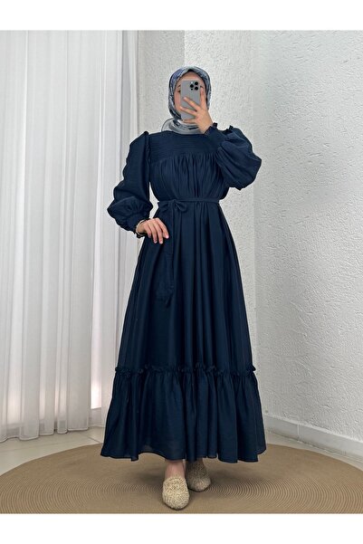 MİHRA STORE Aypare Voile Dress with Gathered Chest and Sleeves-Pa9887 Navy Blue