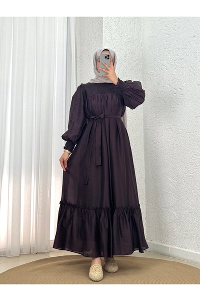 MİHRA STORE Aypare Voile Dress with Gathered Chest and Sleeves-Pa9887 Plum