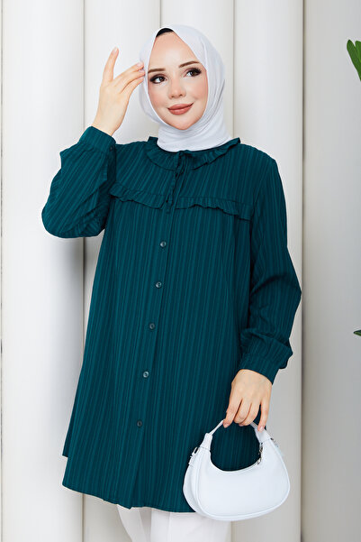 Pamuk Butik Kadın Yaka Detaylı Fırfırlı Robalı Gömlek
