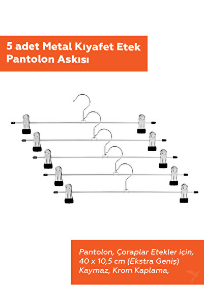 Bakasana 5 Adet Metal Etek Askısı - Pantolon Askısı – Ekstra Geniş Mandallı K...