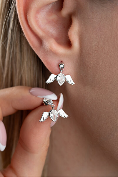 beonejewelry 925 Ayar Gümüş Damla Taşlı Melek Kanatlı Küpe